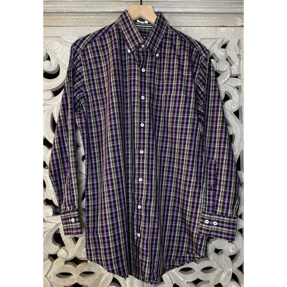 Peter Millar Mens Medium Purple Plaid Button Down Shirt 100% Cotton Long Sleeve